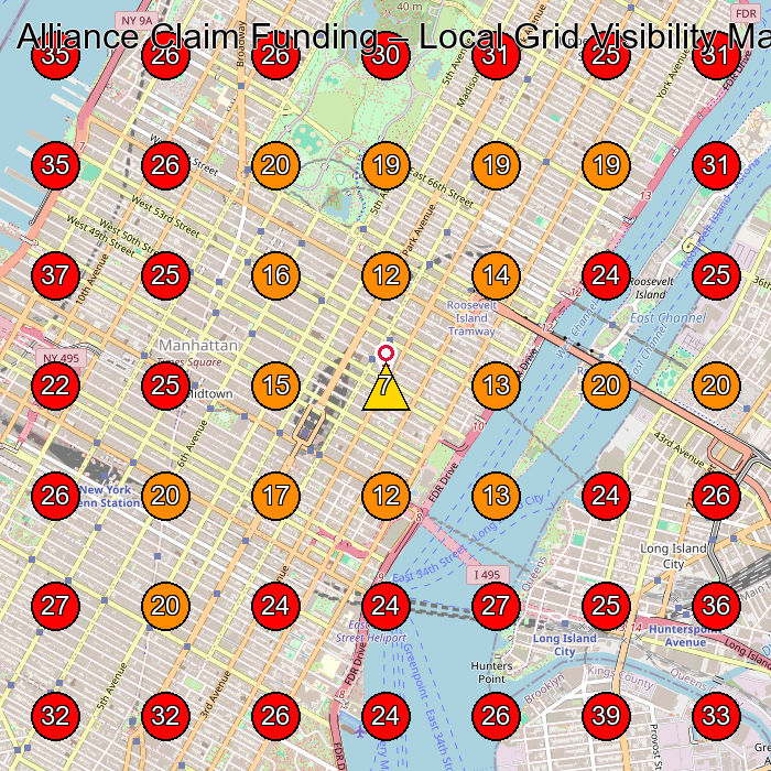 Alliance Claim Funding GeoGrid visibility map for Attorney Referral Service in New York